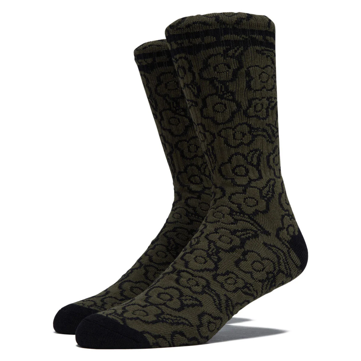 Krooked Multi Flowers Socks - Olive/Black