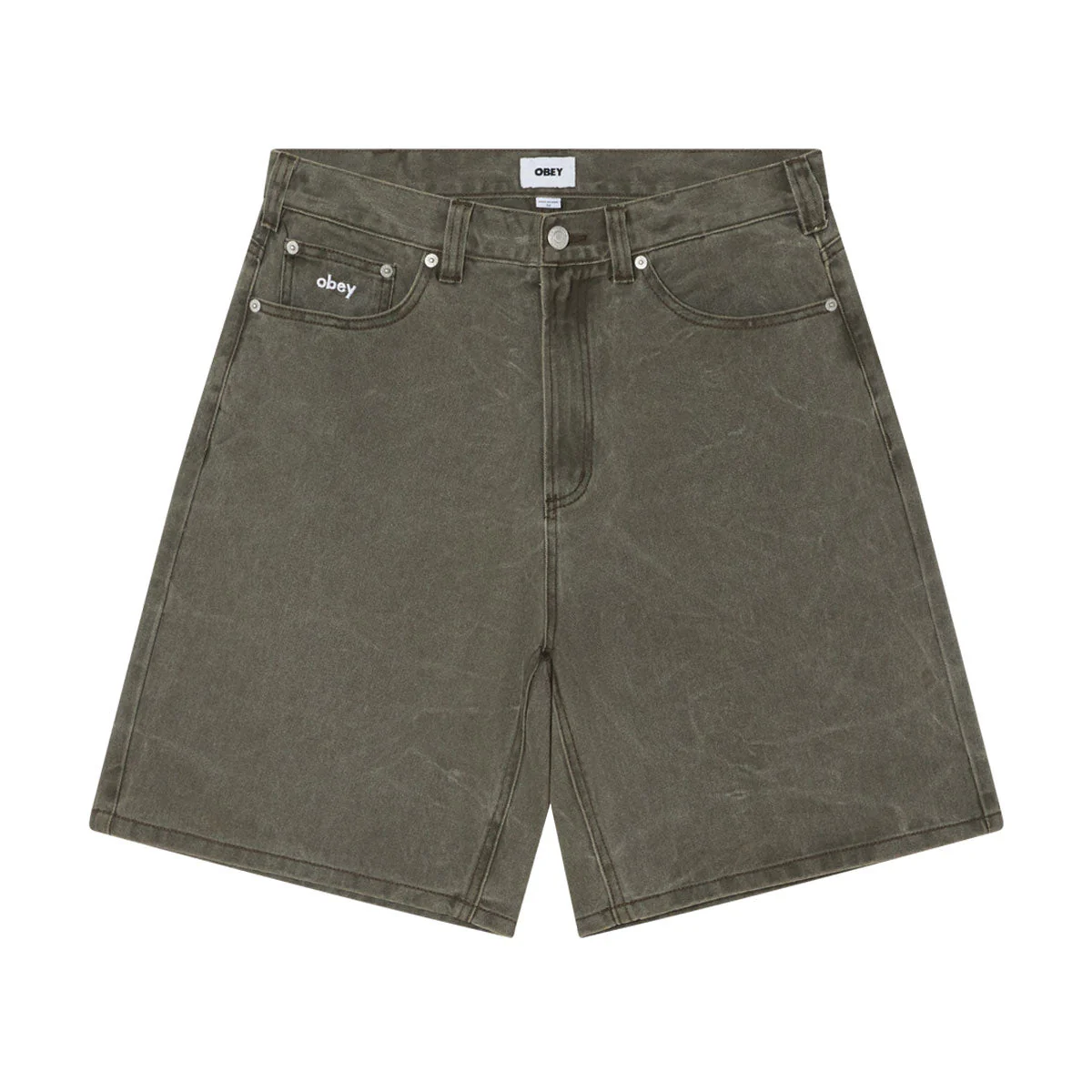 Obey Bigwig Baggy Denim Shorts - Black Olive Wrinkle Wash